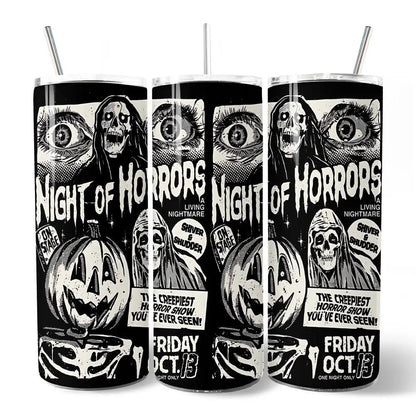Three 20oz Night of Horrors retro Halloween tumblers with lids and metal straws OrnamentallyYou on Tampa Home & Garden Store
