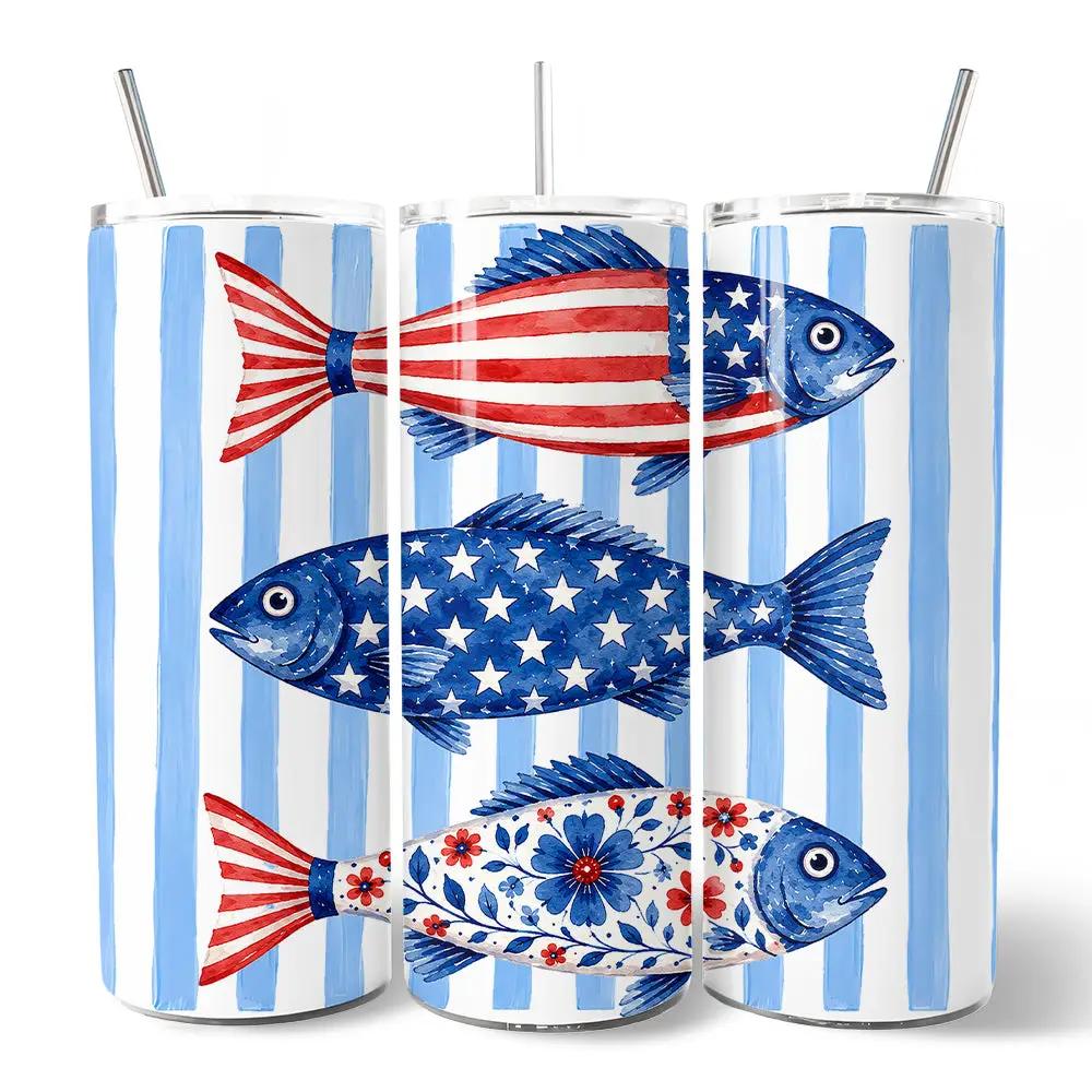 Patriotic fish stripe 20oz 3-tumbler set with lids and stainless straws featuring fish designs on Tampa Home & Garden Store