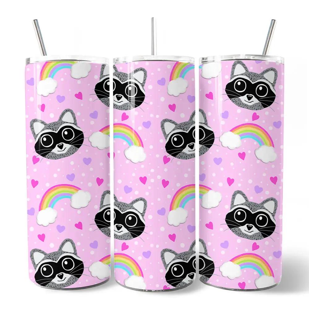 Three pink 20oz tumblers by OrnamentallyYou with lid and straw raccoon faces and rainbows on Tampa Home & Garden Store