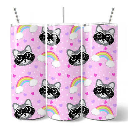 Three pink 20oz tumblers by OrnamentallyYou with lid and straw raccoon faces and rainbows on Tampa Home & Garden Store