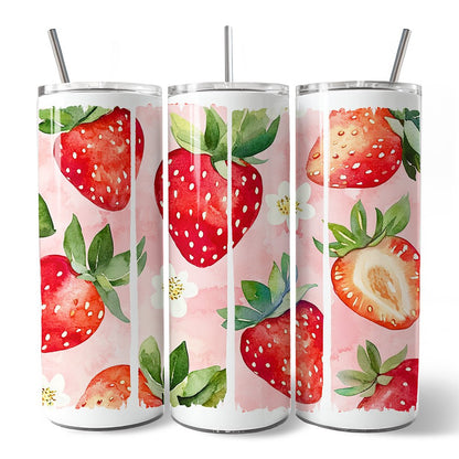 Gobelet isotherme personnalisé de 590 ml (20 oz) à motif fraise, avec couvercle et paille en acier inoxydable, cadeau idéal pour les voyages en été, rose girly.