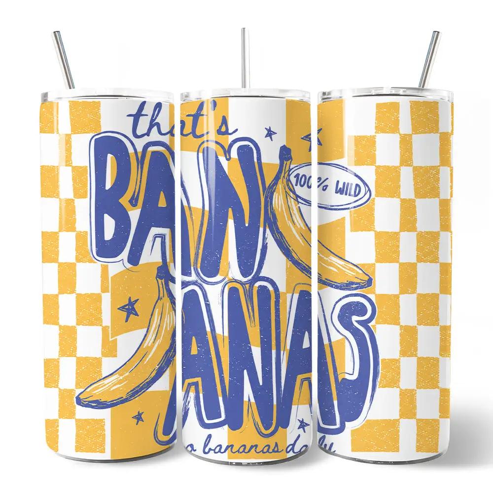 That's Bananas 20oz tumbler 3pk with lid and stainless straw banana graphic on orange checkered on Tampa Home & Garden Store