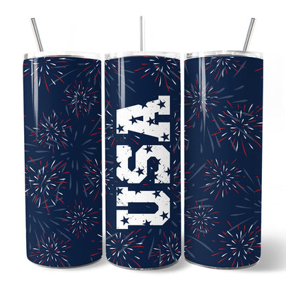 Vintage USA Block Letters 20oz Personalized Tumbler With Lid and Stainless Steel Straw, Patriotic Fireworks for Independence Day Gift Cup