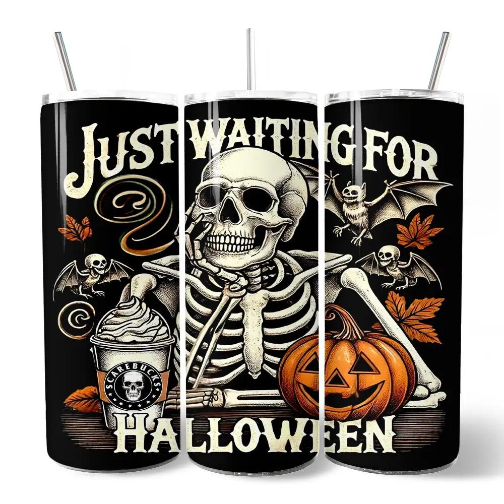 20oz Waiting For Halloween tumbler with lid and straw skull pumpkin art by OrnamentallyYou on Tampa Home & Garden Store