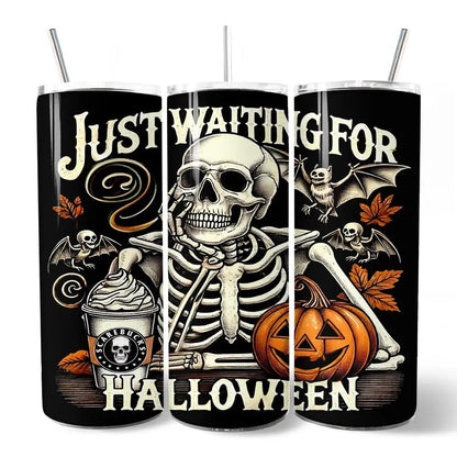 20oz Waiting For Halloween tumbler with lid and straw skull pumpkin art by OrnamentallyYou on Tampa Home & Garden Store
