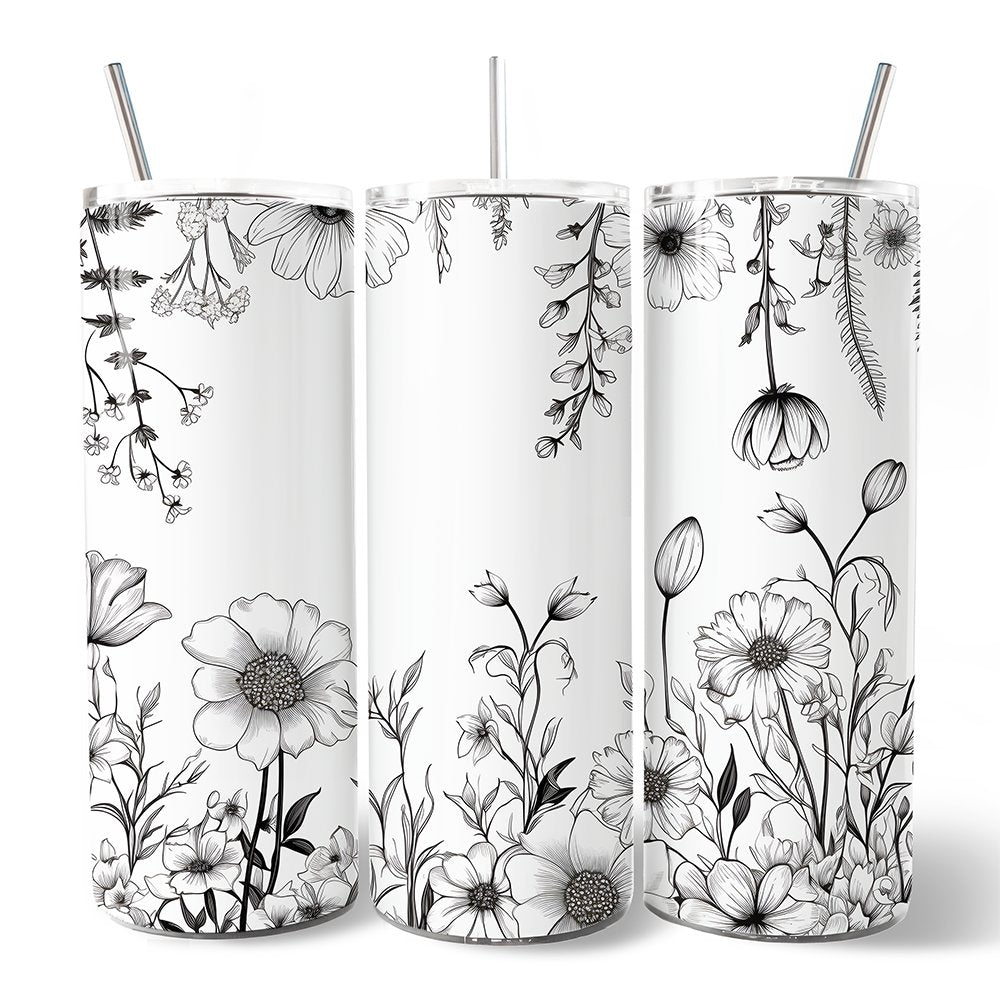 Gobelet isotherme à motif fleurs sauvages blanches et noires avec couvercle et paille en acier inoxydable, un magnifique cadeau de voyage printanier