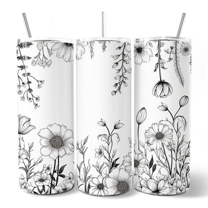 Gobelet isotherme à motif fleurs sauvages blanches et noires avec couvercle et paille en acier inoxydable, un magnifique cadeau de voyage printanier