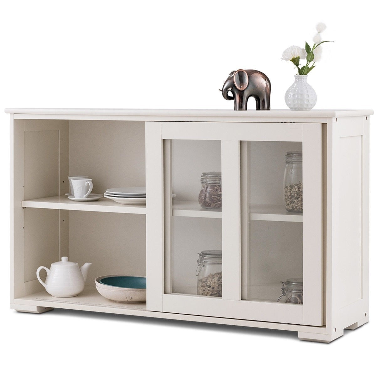 Aparador moderno de madera blanca con puerta corredera de cristal