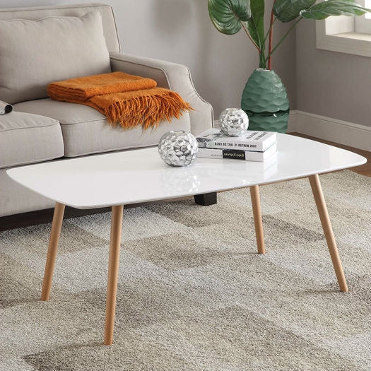 Mesa de centro de mediados de siglo con tapa blanca y patas de madera maciza