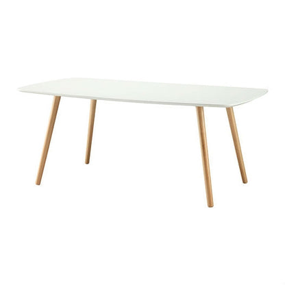 Mesa de centro de mediados de siglo con tapa blanca y patas de madera maciza