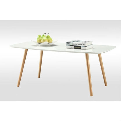 Mesa de centro de mediados de siglo con tapa blanca y patas de madera maciza