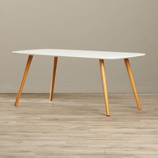 Mesa de centro de mediados de siglo con tapa blanca y patas de madera maciza