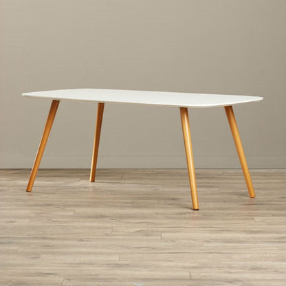 Mesa de centro de mediados de siglo con tapa blanca y patas de madera maciza