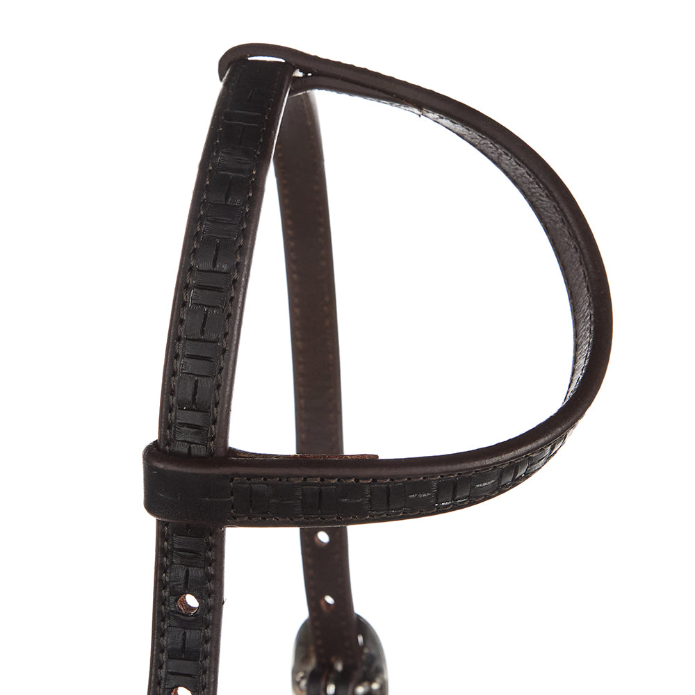Single-ear headstall in black leather with square-stitched tooling and adjustable strap on Tampa Home & Garden Store