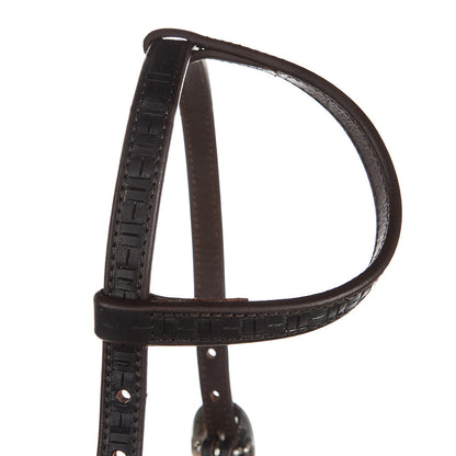 Single-ear headstall in black leather with square-stitched tooling and adjustable strap on Tampa Home & Garden Store