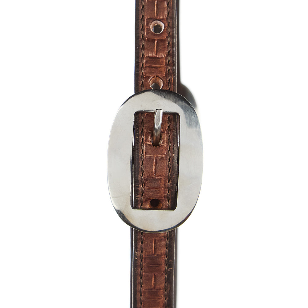 Mayatex 5/8 in single ear headstall brown medium oil brick tooling leather with silver buckle on Tampa Home & Garden Store