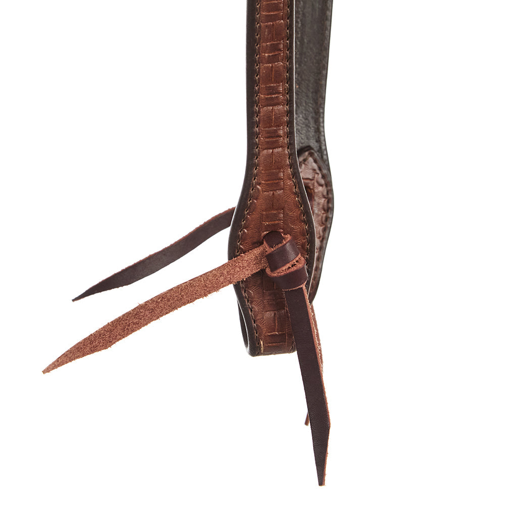 Single-ear headstall in brown oil brick tooling leather with 5/8 inch strap and loose ties on Tampa Home & Garden Store