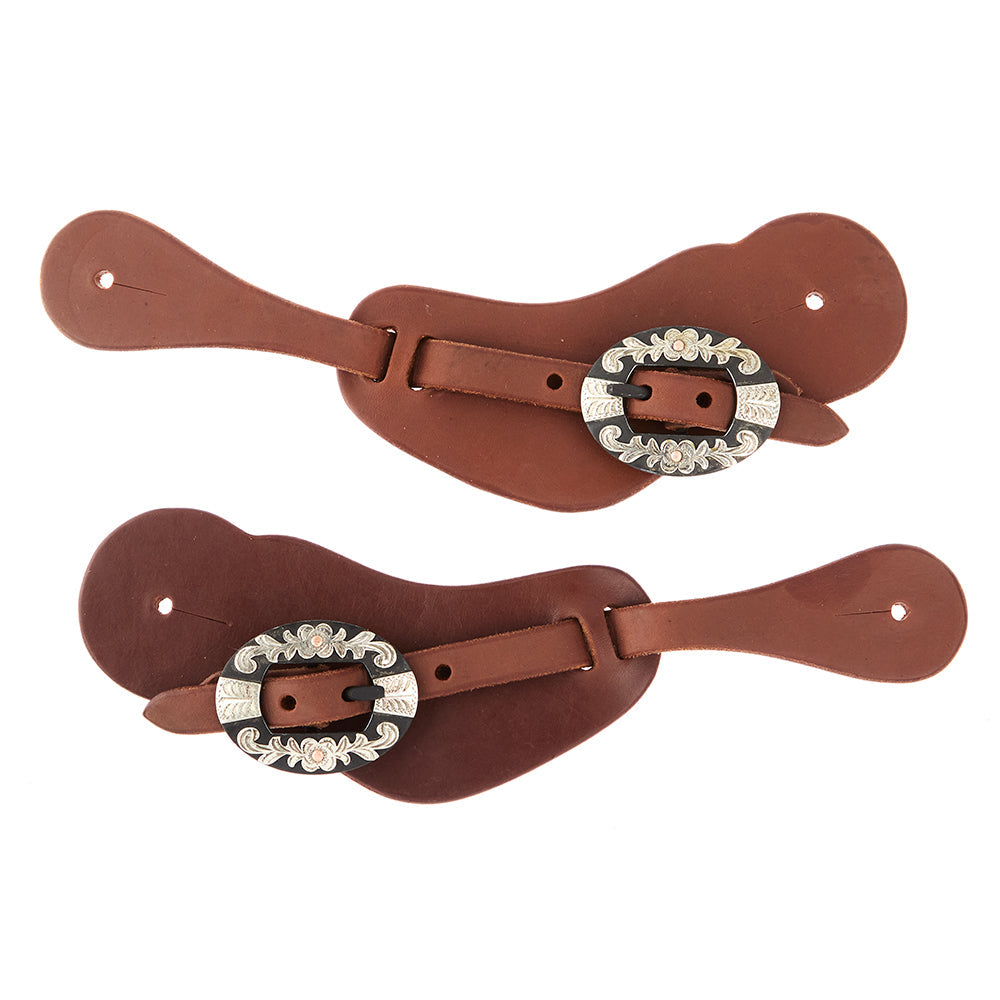 Pair of brown leather spur straps with ornate silver floral buckles, Mayatex WD-CSSO-34 mens tack on Tampa Home & Garden Store