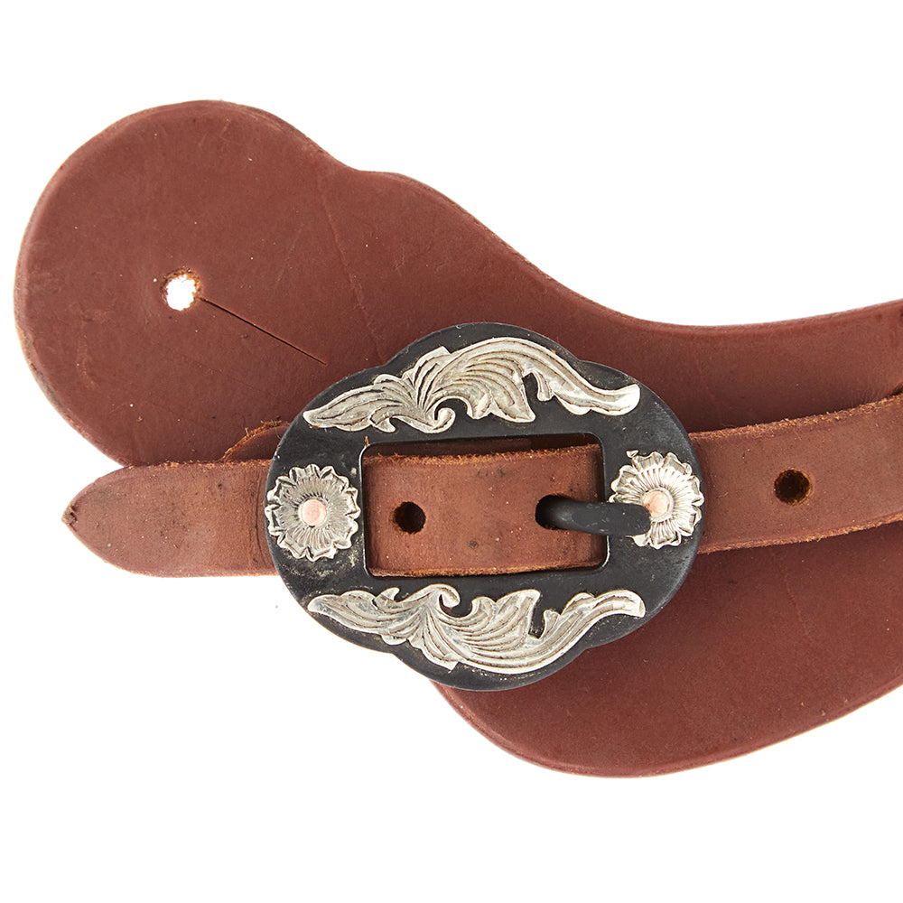 Mayatex Ladies Youth Heavy Oiled Cowboy Spur Straps with double flower buckles on brown leather on Tampa Home & Garden Store