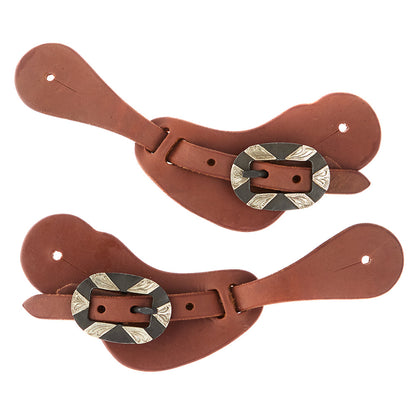 Pair of ladies youth heavy-oiled spur straps in brown with engraved oval silver buckles on Tampa Home & Garden Store