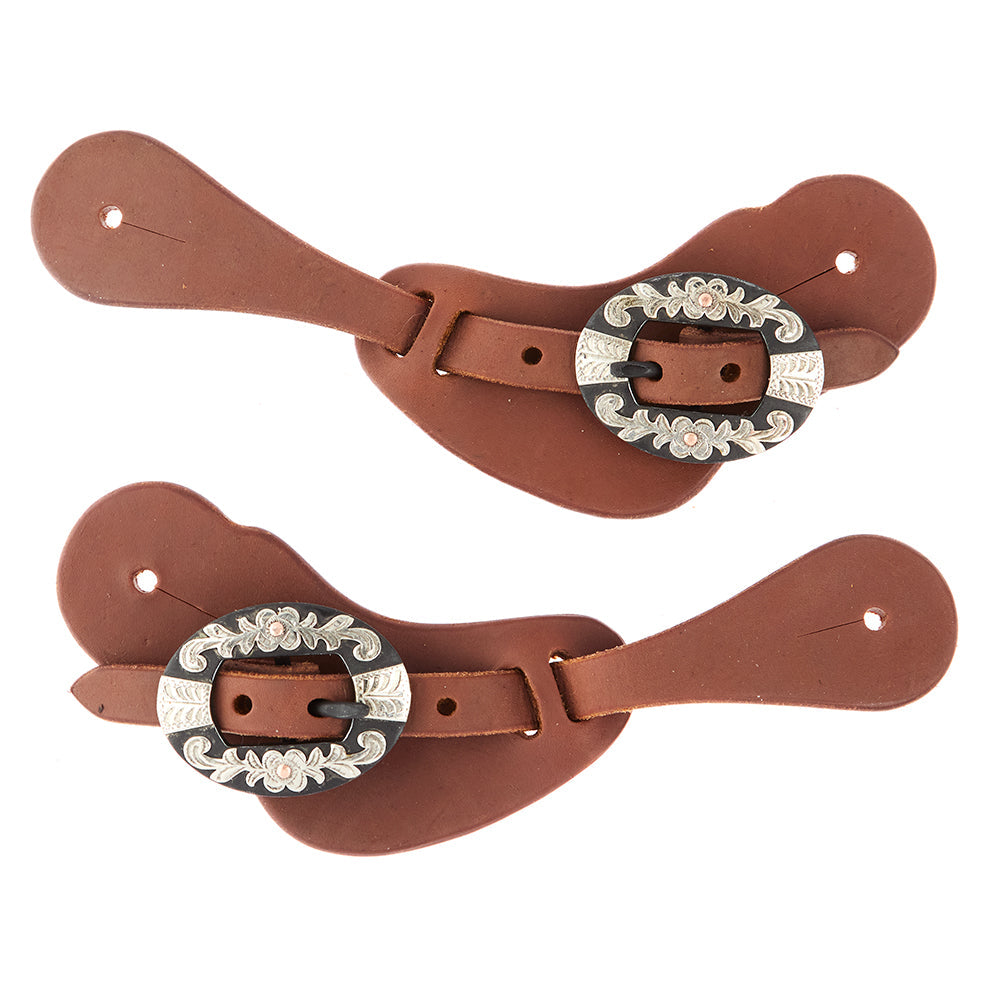 Ladies youth cowboy spur straps heavy oiled leather with ornate floral buckles, 2-pack on Tampa Home & Garden Store