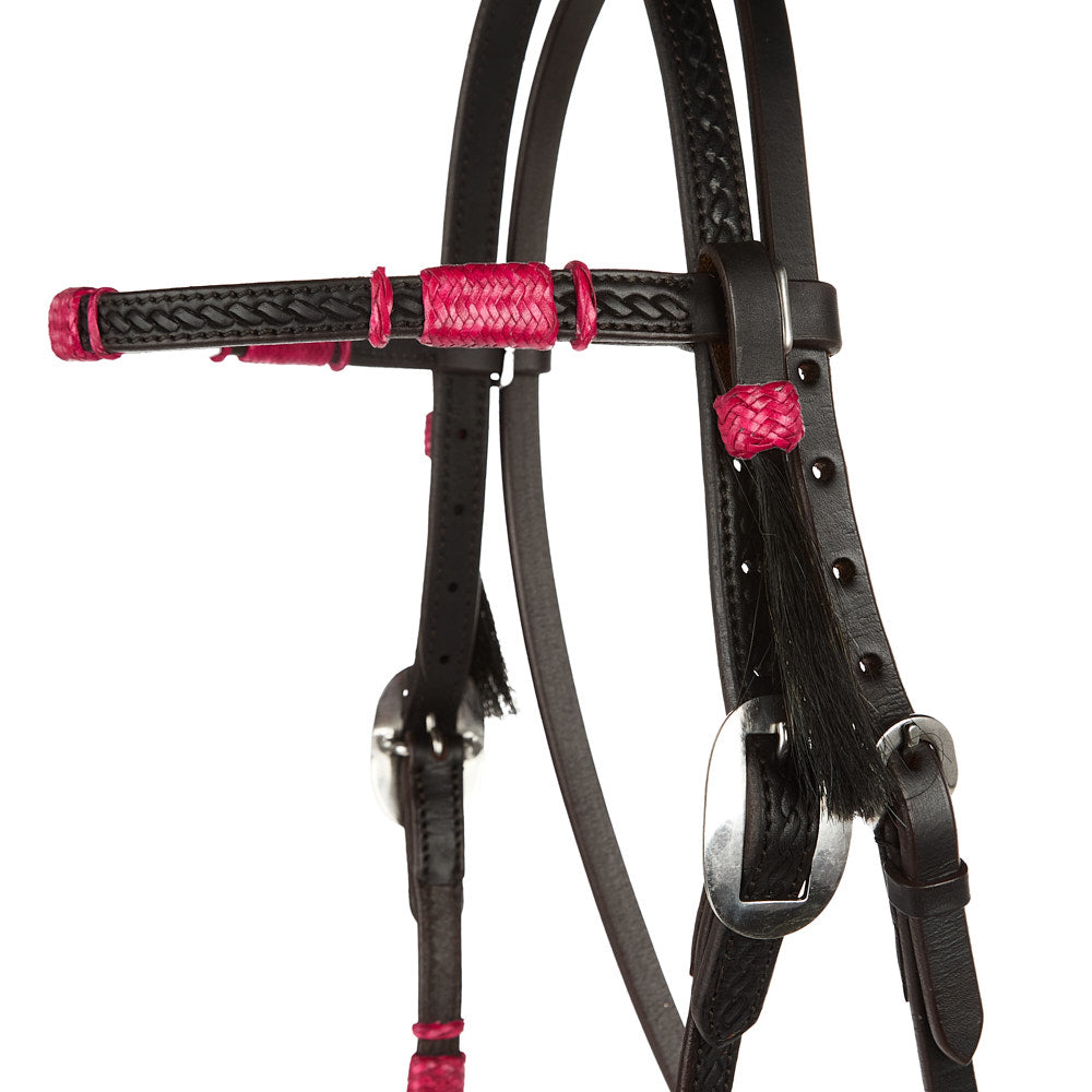 WD-RRSBH-P hot pink rawhide rope tooled browband headstall with leather straps by Mayatex on Tampa Home & Garden Store
