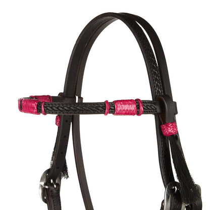 Hot Pink Rawhide Rope Tooled Browband Headstall by Mayatex, black leather tack with pink rope trim on Tampa Home & Garden Store