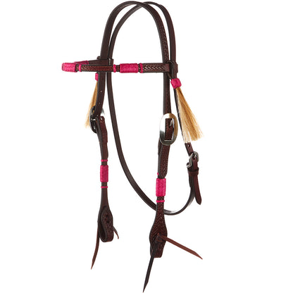 Headstall Mayatex hot pink rawhide rope tooled browband with brown leather tassels on Tampa Home & Garden Store