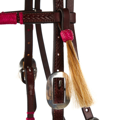 WD-RRSBH-P Hot Pink Rawhide Rope Tooled Browband Headstall Mayatex leather pink wrap tassel on Tampa Home & Garden Store