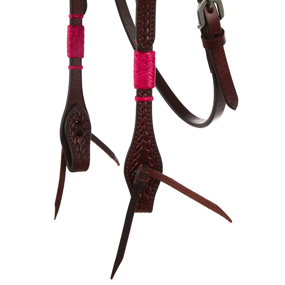 Mayatex Hot Pink Rawhide Rope Tooled Browband Headstall brown leather with pink accents on Tampa Home & Garden Store