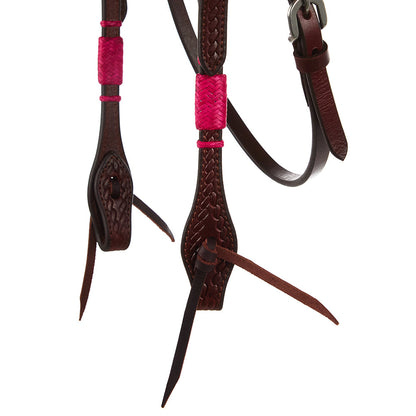 Mayatex Hot Pink Rawhide Rope Tooled Browband Headstall brown leather with pink accents on Tampa Home & Garden Store