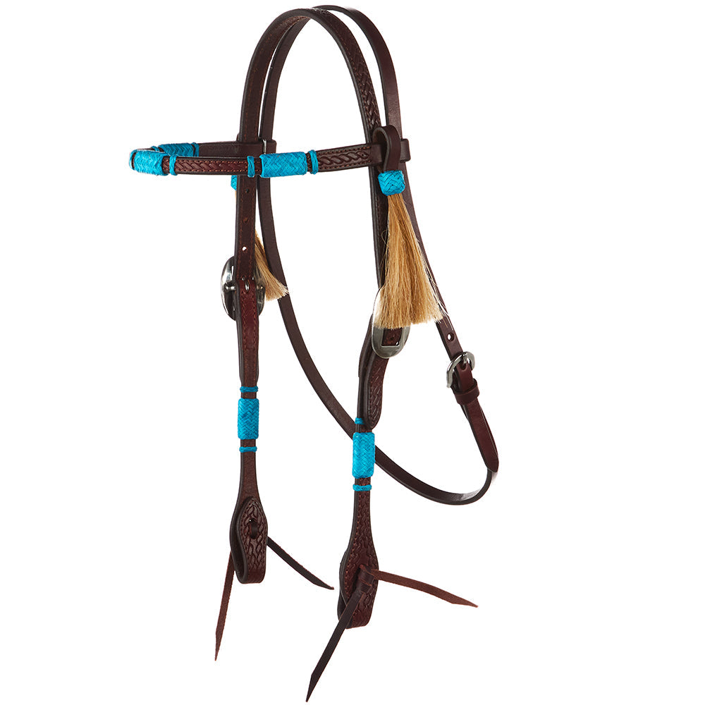 Mayatex Turquoise Rawhide Rope Tooled Browband Headstall, brown leather tack on Tampa Home & Garden Store