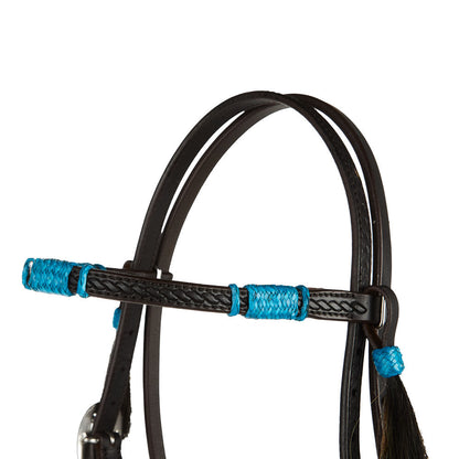 Turquoise rawhide rope browband headstall on black leather with braided accents on Tampa Home & Garden Store