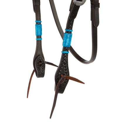 Turquoise rawhide rope browband headstall Mayatex with braided leather tassel details on Tampa Home & Garden Store