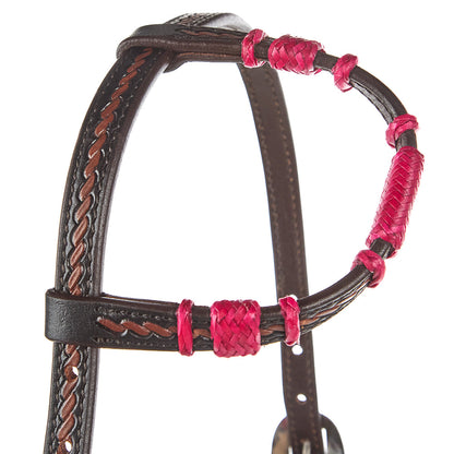 Hot pink rawhide rope tooled single ear headstall Mayatex WD-RRSEH-HP leather tack on Tampa Home & Garden Store