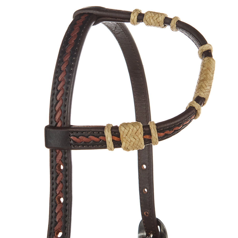 Mayatex Natural Rawhide Rope Tooled Single Ear Headstall with braided cream rawhide rope accents on Tampa Home & Garden Store