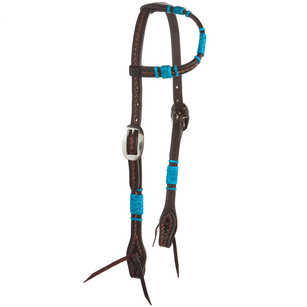 Turquoise Rawhide Rope Tooled Single Ear Headstall by Mayatex, brown leather on Tampa Home & Garden Store