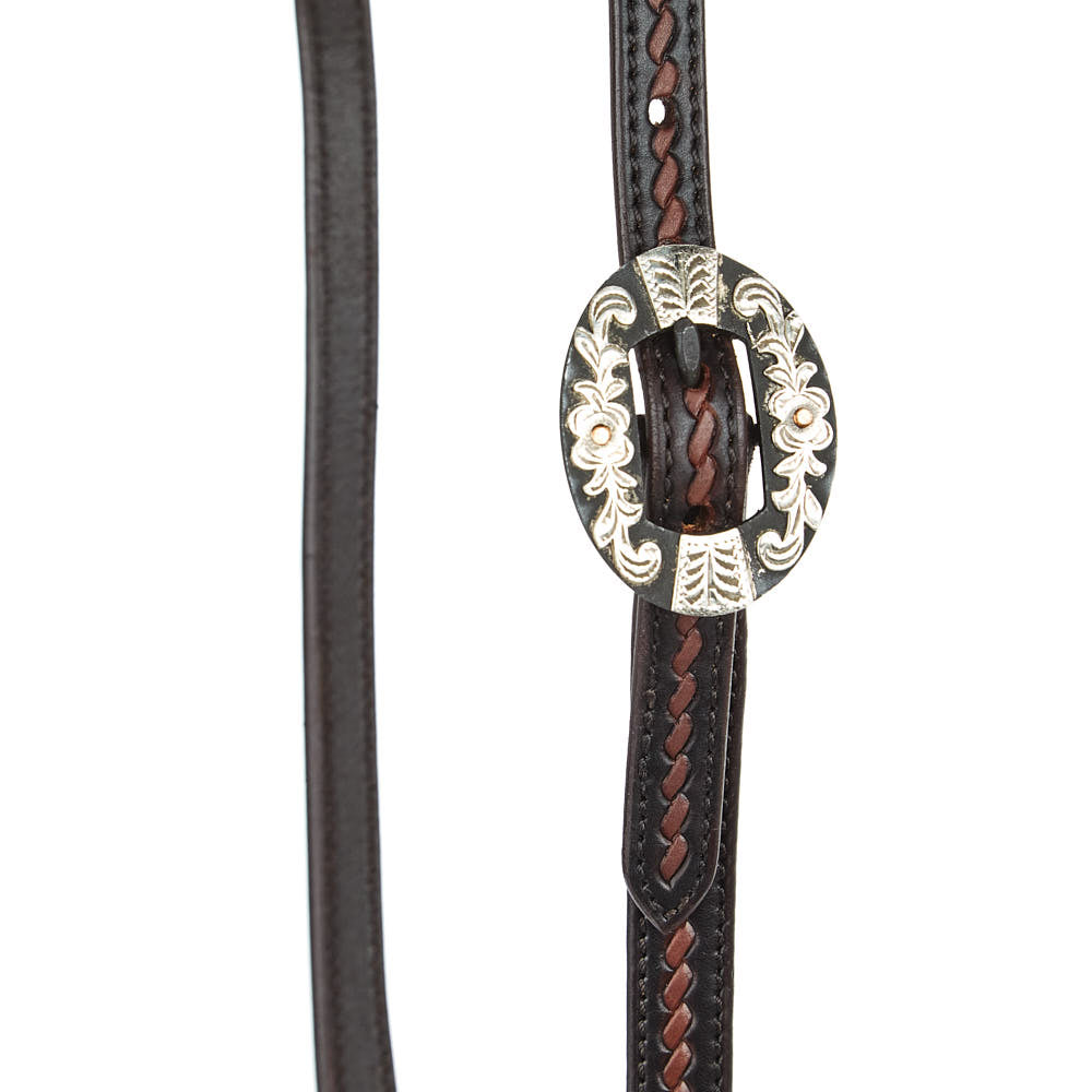 Mayatex single-ear headstall in dark oil leather with rope-tooled strap and silver floral concho on Tampa Home & Garden Store