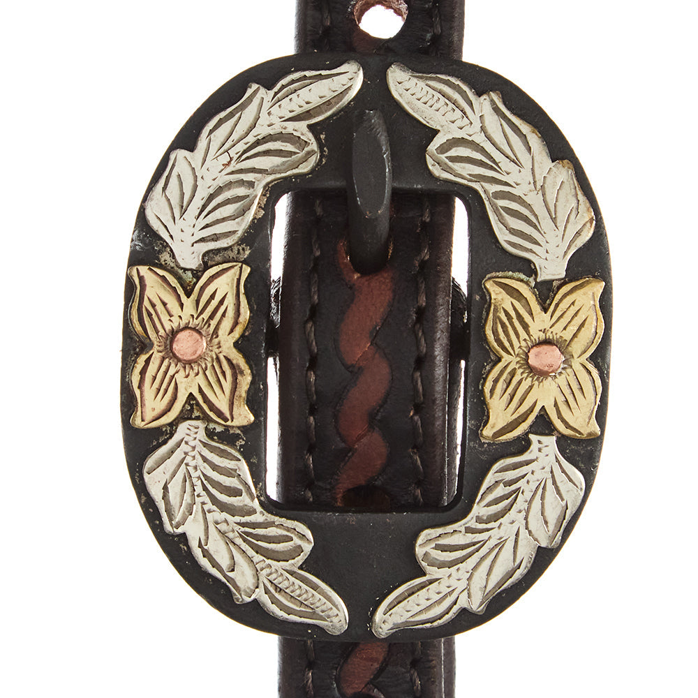 Headstall Mayatex heavy oiled rope tooling with silver floral buckle and gold accents single-ear on Tampa Home & Garden Store