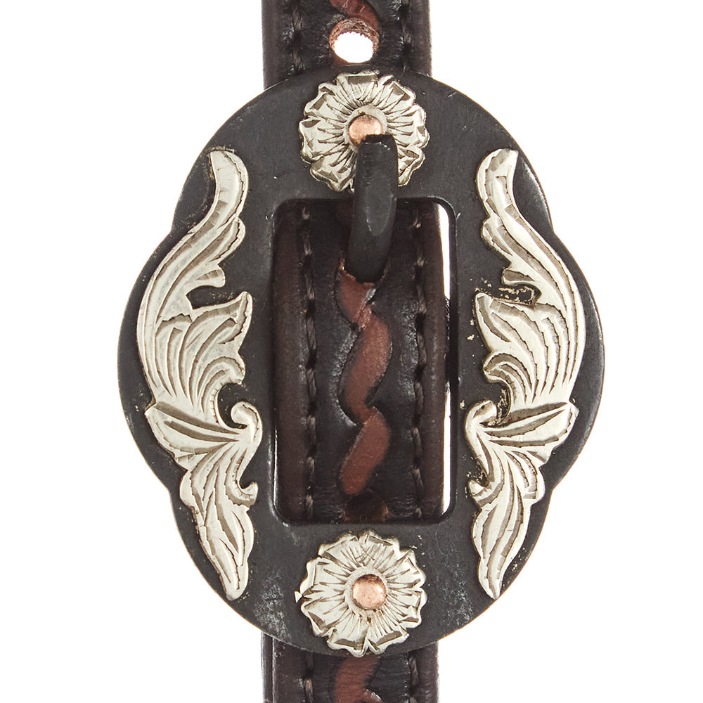 Headstall WD-RTSEH-HO-18 heavy oiled rope tooling double flower buckle on dark leather on Tampa Home & Garden Store