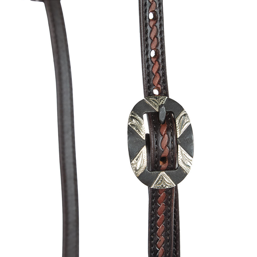 Headstall single-ear with oval silver buckle, heavy oiled dark brown rope tooling Mayatex on Tampa Home & Garden Store