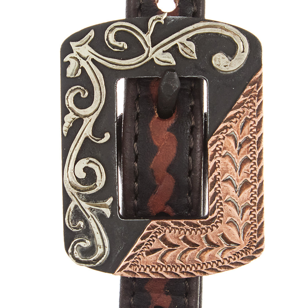 Mayatex single-ear headstall with rope tooling, copper bar & silver scroll accents on Tampa Home & Garden Store