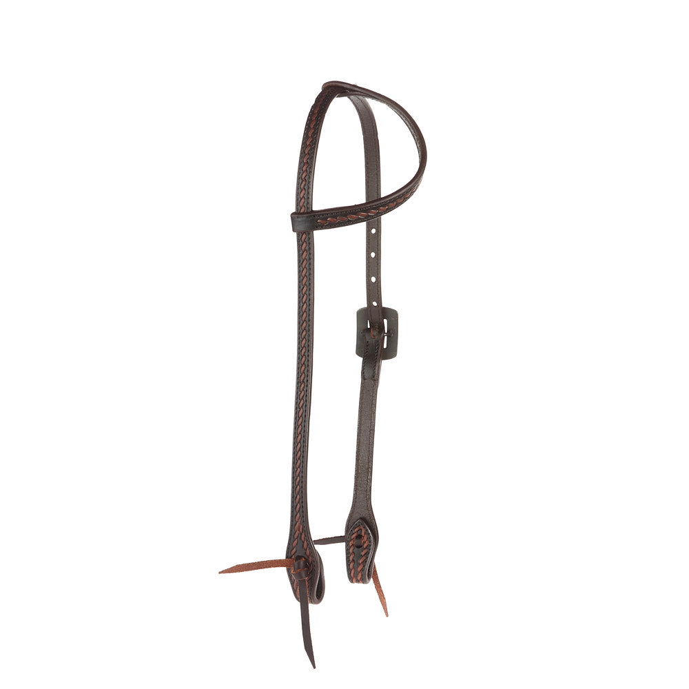 Single-ear headstall, heavy oiled rope tooling with copper bar and silver scroll accents on Tampa Home & Garden Store