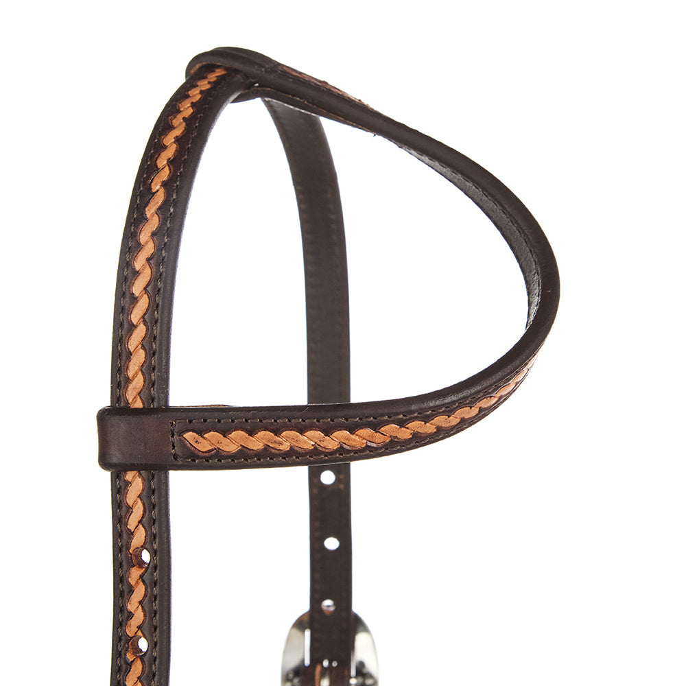 Headstall WD-RTSEH-MO rope tooled 5/8 in black leather with tan rope trim, single-ear on Tampa Home & Garden Store