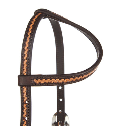Headstall WD-RTSEH-MO rope tooled 5/8 in black leather with tan rope trim, single-ear on Tampa Home & Garden Store