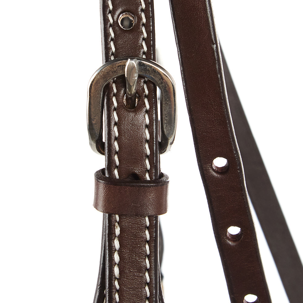 Braided rawhide chocolate browband headstall by Mayatex with white stitching on Tampa Home & Garden Store