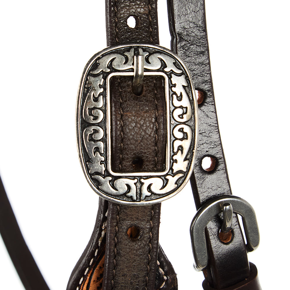 WD-SBH1 Mayatex Black Overlay Tooled Combo Browband Headstall with silver-tone ornate buckle on Tampa Home & Garden Store