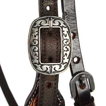 WD-SBH1 Mayatex Black Overlay Tooled Combo Browband Headstall with silver-tone ornate buckle on Tampa Home & Garden Store