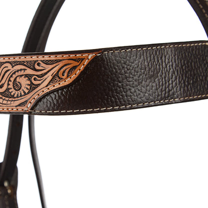 Browband headstall Mayatex WD-SBH2, brown overlay tooled on black leather with tan accents on Tampa Home & Garden Store
