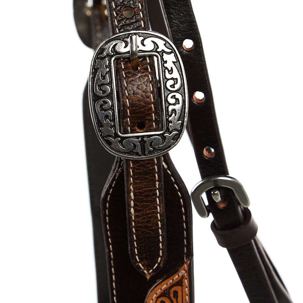 WD-SBH2 Brown Overlay Tooled Combo Browband Headstall Mayatex, brown leather with silver buckle on Tampa Home & Garden Store